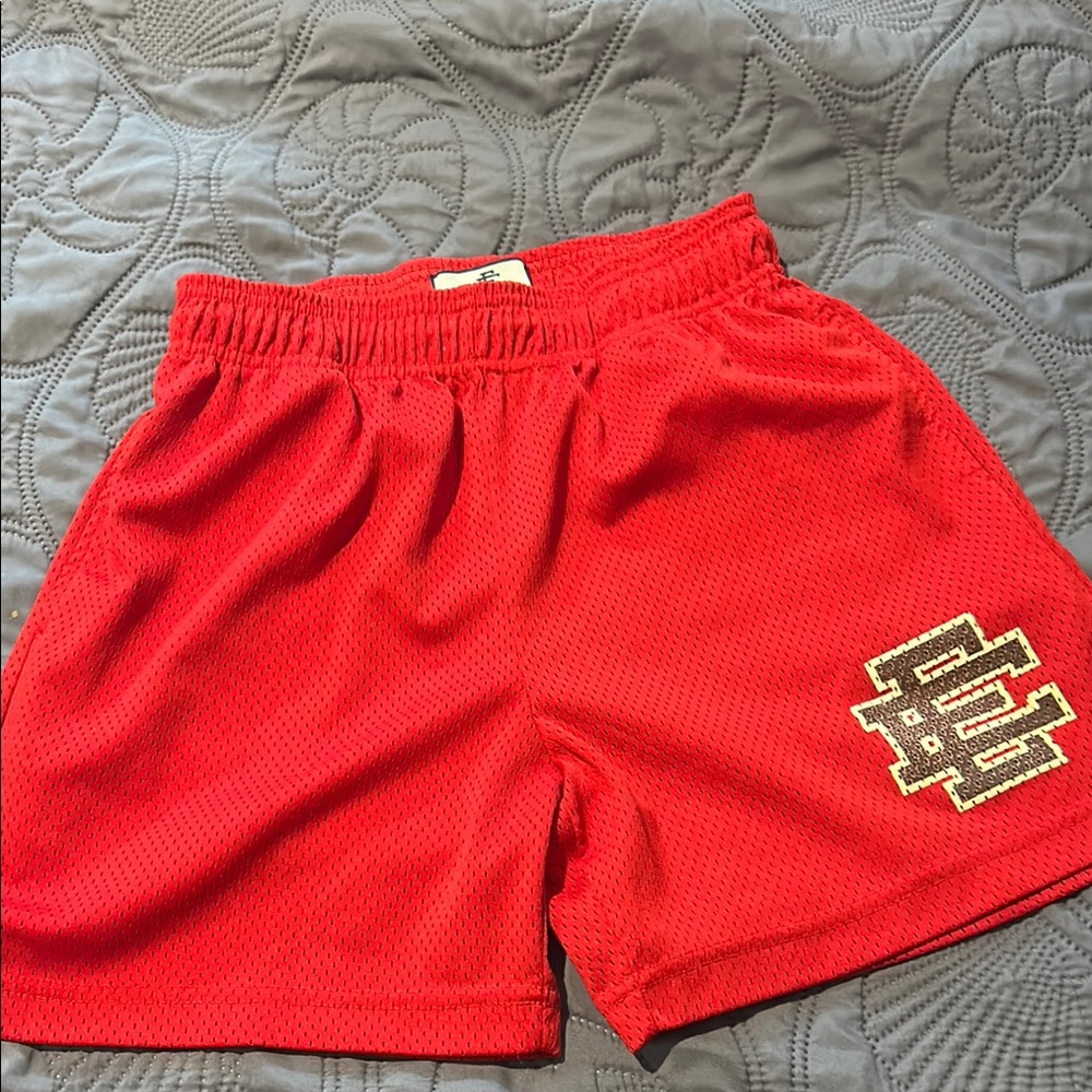 Red Mesh Athletic Shorts with Gold Logo